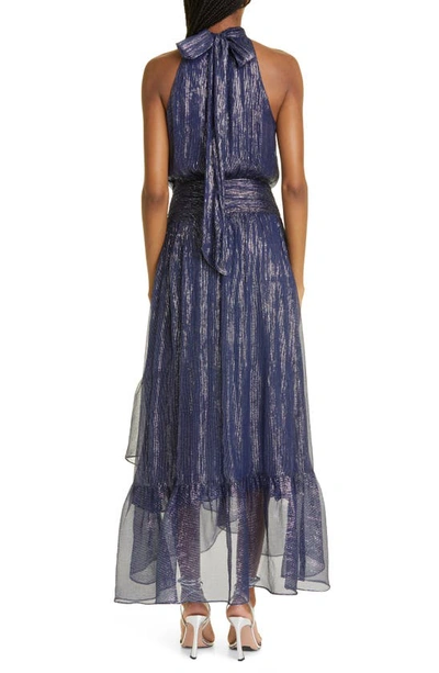 Shop Ramy Brook Bridgid Metallic Silk Blend Gown In Spring Navy Subtle Silk