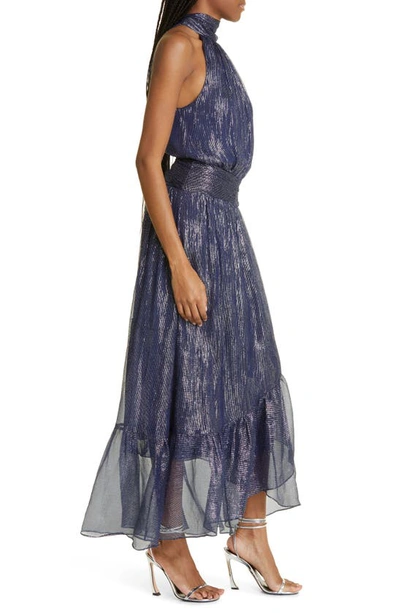 Shop Ramy Brook Bridgid Metallic Silk Blend Gown In Spring Navy Subtle Silk