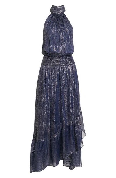 Shop Ramy Brook Bridgid Metallic Silk Blend Gown In Spring Navy Subtle Silk