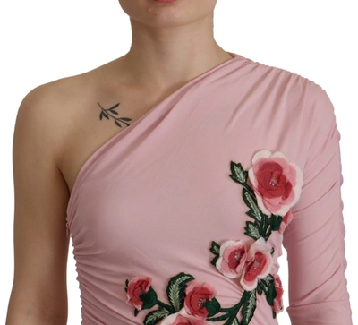 Shop Dolce & Gabbana Pink Flower Embellished One Shoulder Women's Dress