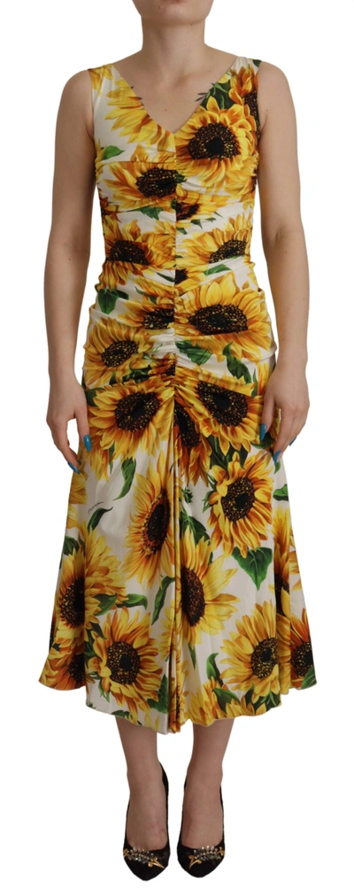 Shop Dolce & Gabbana White Sunflower Print Sheath Midi Women's Silk