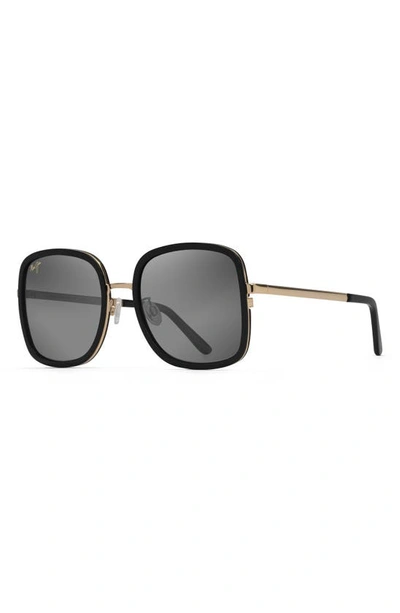 Maui Jim Pua 55mm Polarized Square Sunglasses In Black Gloss With Shiny Gold