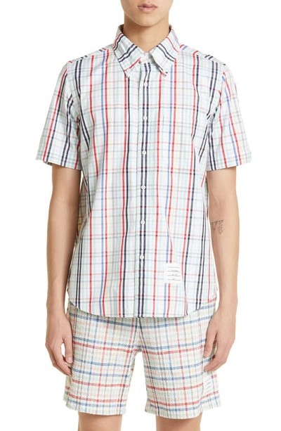 Shop Thom Browne Gingham Check Short Sleeve Cotton Oxford Button-down Shirt In Seasonal Multi