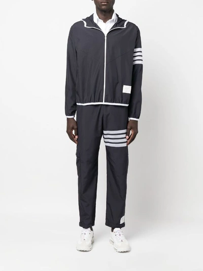 Shop Thom Browne Men Packable Zip Up Hoodie W/ Seamed In Mesh 4 Bar Stripe In Military Ripstop In 415 Navy