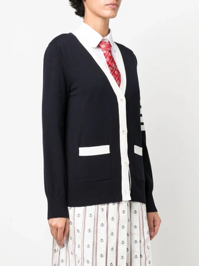 Shop Thom Browne Women Hector Outline With Pointelle Intarsia Relaxed Fit V-neck Cardigan In Cotton W/ 4  In 415 Navy