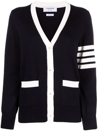 Shop Thom Browne Women Hector Outline With Pointelle Intarsia Relaxed Fit V-neck Cardigan In Cotton W/ 4  In 415 Navy
