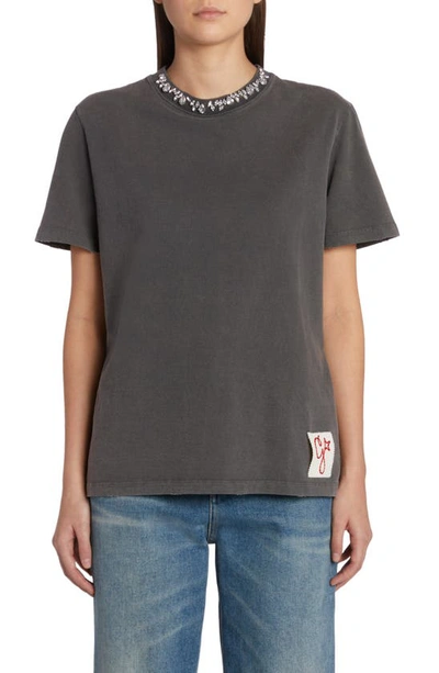 Shop Golden Goose Crystal Embellished Distressed Cotton T-shirt In Anthracite