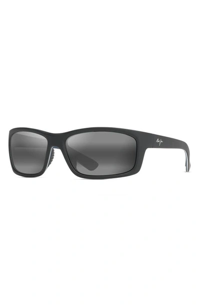 Maui Jim Kanaio Coast 61mm Polarizedplus2® Rectangular Sunglasses In Matte Black/white/blue