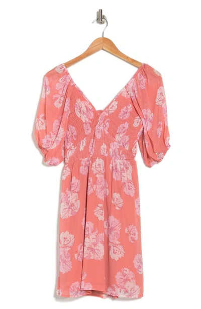 Shop Collective Concepts Floral Smocked Puff Sleeve Dress In Mauve Pink