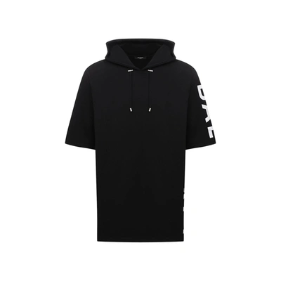 Shop Balmain Logo Cotton Long Hoodie In Black