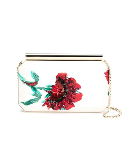 Oscar De La Renta Satin Beaded Embroidered Saya Clutch In White & Red