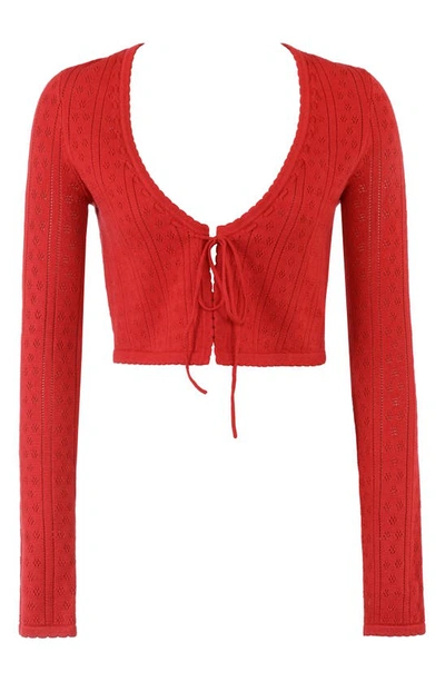 Shop House Of Cb Perla Tie Front Pointelle Crop Cardigan In Red Rose