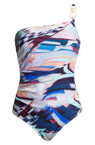 Shop Change Of Scenery Kara Ruched One-shoulder One-piece Swimsuit In Mosaic Print
