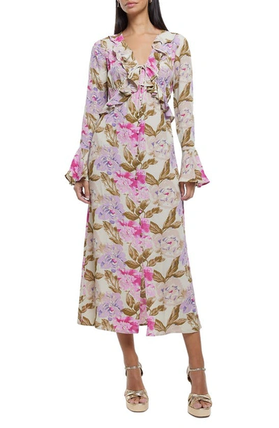 River Island Floral Long Sleeve Tea Length Midi Dress In Cream | ModeSens