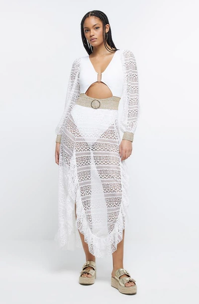 Shop River Island Lace Long Sleeve Cutout One-piece Swimsuit In White