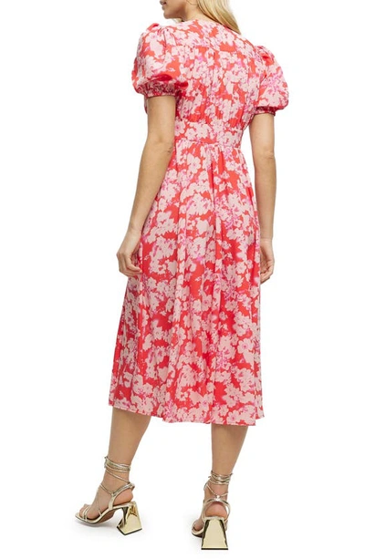 Shop River Island Fleur Floral Puff Sleeve A-line Dress In Red