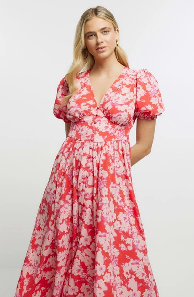 Shop River Island Fleur Floral Puff Sleeve A-line Dress In Red