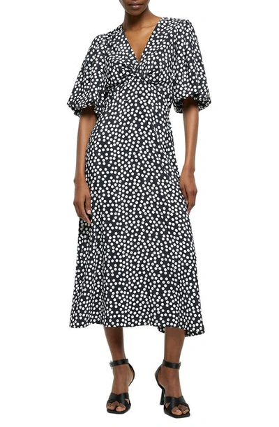 Shop River Island Polka Dot Twist Front Puff Sleeve Dress In Black