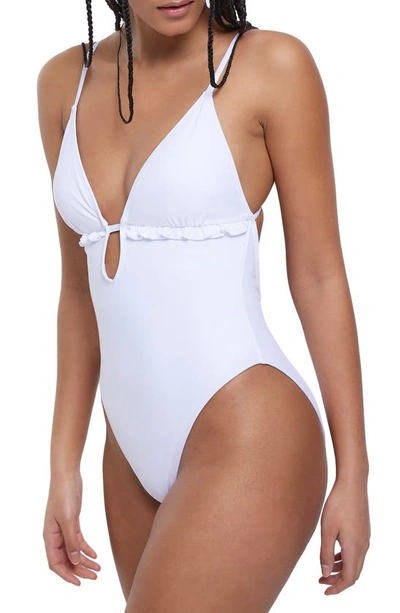 Shop River Island Frill Plunge One-piece Swimsuit In White