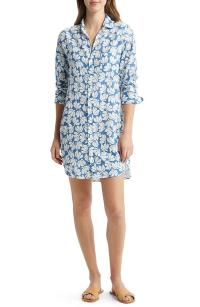 Shop Frank & Eileen Classic Floral Long Sleeve Linen Shirtdress In Blue Flora