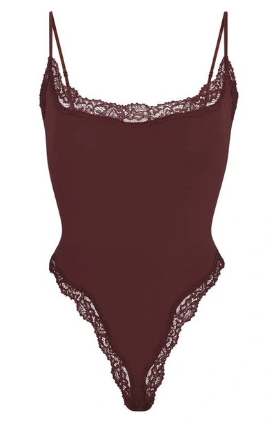 Shop Skims Fits Everybody Lace Camisole Bodysuit In Cocoa