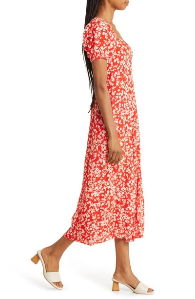 Shop & Other Stories Floral Puff Sleeve Midi Dress In Red W. White Flower Kass Aop