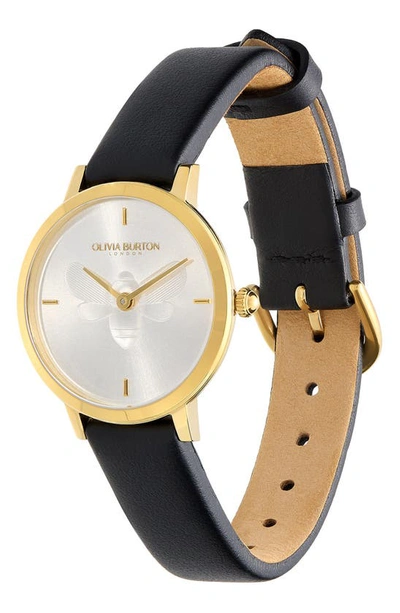 Olivia Burton Women's Ultra Slim Bee Black Leather Watch 28mm In White