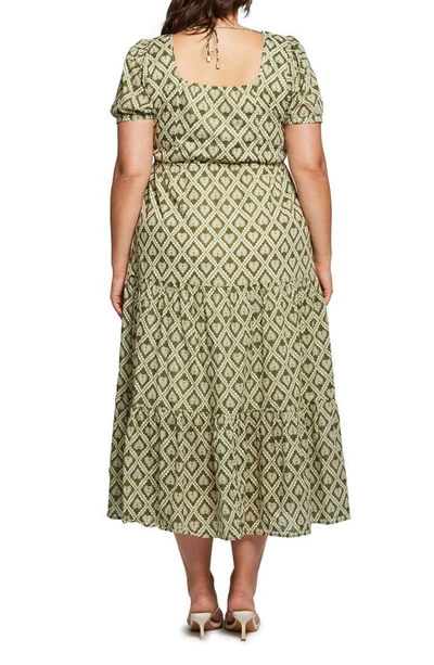 Shop Estelle Heart Print Square Neck Cotton Dress In Green Print