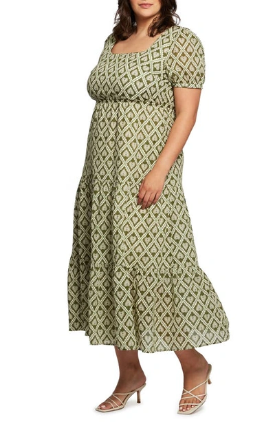 Shop Estelle Heart Print Square Neck Cotton Dress In Green Print