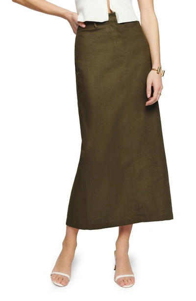 Shop Reformation Gia Linen Midi Skirt In Dark Olive