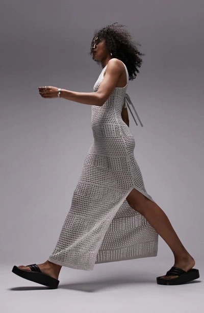 Topshop Metallic Sheer Open Stitch Body-con Sweater Dress In Light Grey