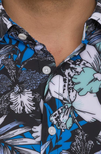 Shop Robert Graham Farrell Orchid Print Short Sleeve Performance Button-up Knit Shirt In Black Multi