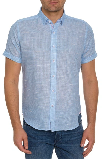 Shop Robert Graham Sloan Houndstooth Short Sleeve Linen & Cotton Button-down Shirt In Blue