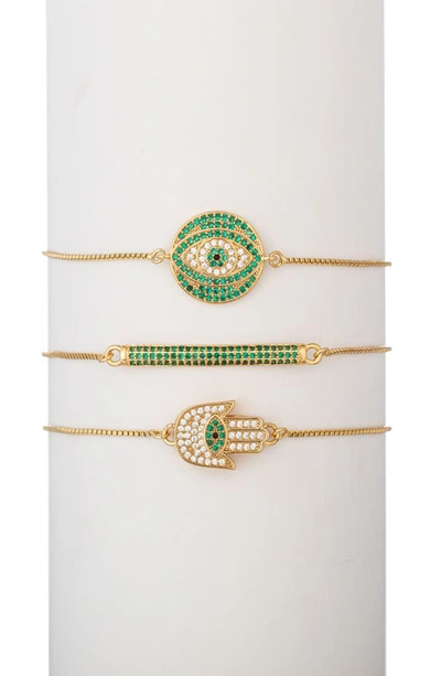 Shop Eye Candy Los Angeles Set Of Three Cz Charm Chain Bracelets In Gold