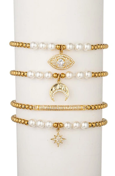 Shop Eye Candy Los Angeles Set Of Four Cz & Imitation Pearl Beaded Bracelets In Gold