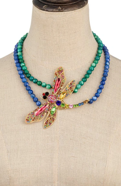 Eye Candy Los Angeles Crystal Dragonfly Agate Beaded Statement Necklace In Blue