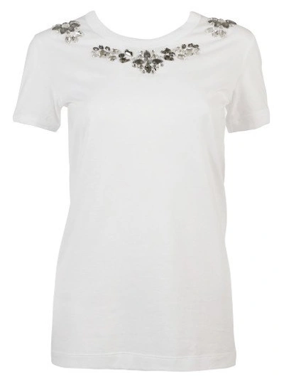 Dolce & Gabbana T-shirt , White Cotton , Lengthened Hem, Round Neck With Rhinestone Embellishments Un In Bianco