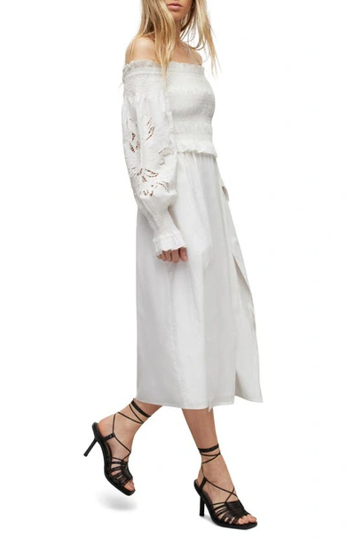 Shop Allsaints Launa Broderie Long Sleeve Cotton Dress In Chalk White