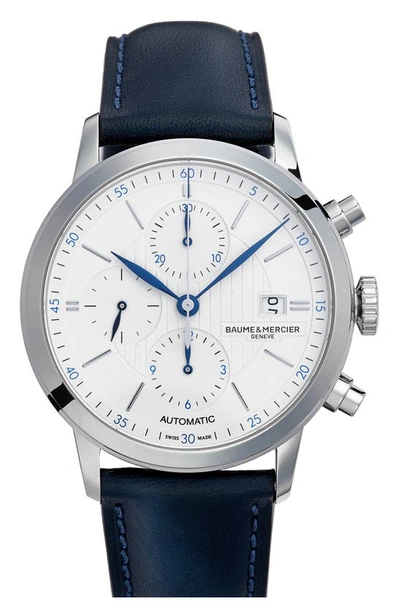Shop Baume & Mercier Classima Automatic Chronograph Leather Strap Watch, 42mm In Silveroloured Opaline