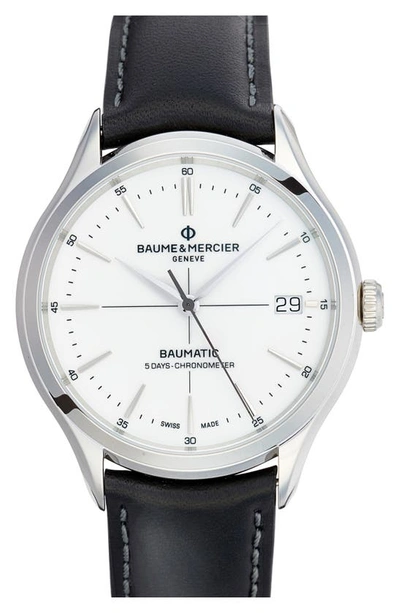 Shop Baume & Mercier Clifton Baumatic Leather Strap Watch, 40mm In White Porcelain-like