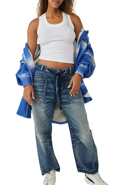 Free People We The Free Moxie Barrel Paint Splatter Jeans In Timeless Blue