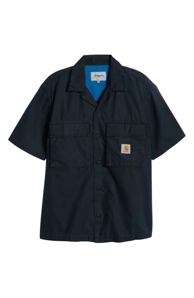 Shop Carhartt Wynton Short Sleeve Cotton Button-up Shirt In Black Amalfi Ston