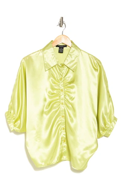 Shop Vertigo Paris Three-quarter Sleeve Button-up Satin Shirt In Citron