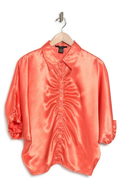 Shop Vertigo Paris Three-quarter Sleeve Button-up Satin Shirt In Light Coral