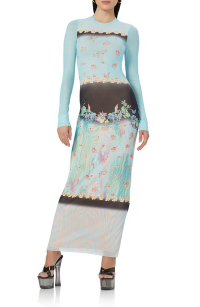 Afrm Didi Floral Long Sleeve Mesh Maxi Dress In Aqua Floral Placement