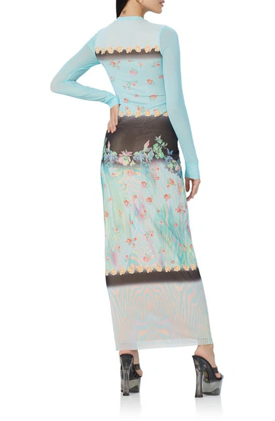Afrm Didi Floral Long Sleeve Mesh Maxi Dress In Aqua Floral Placement