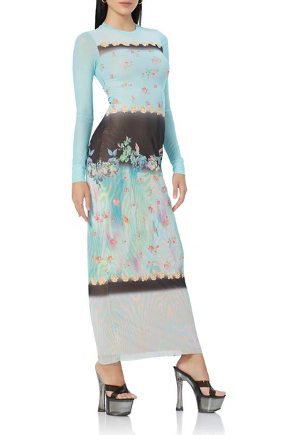 Afrm Didi Floral Long Sleeve Mesh Maxi Dress In Aqua Floral Placement