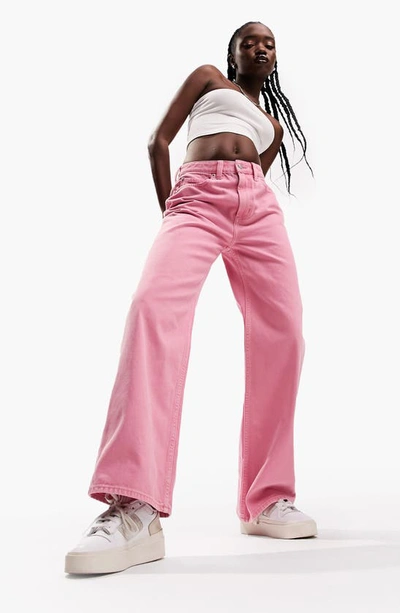 Shop Asos Design Straight Leg Dad Jeans In Pink
