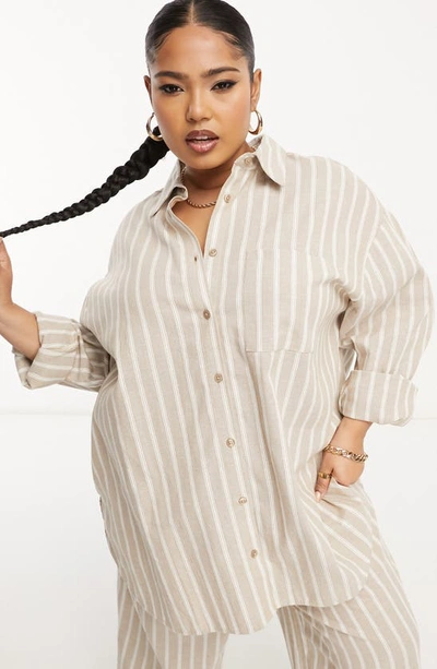 Shop Asos Design Curve Stripe Boxy Button-up Shirt In Beige