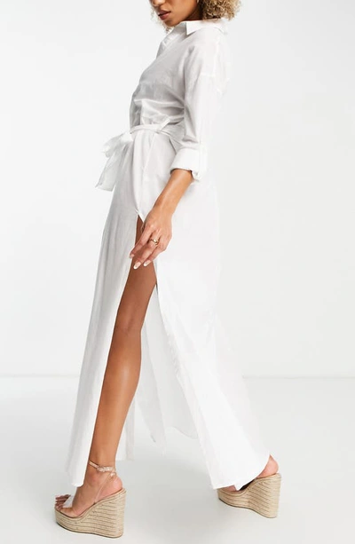 Shop Asos Design Long Sleeve Tie Waist Shirtdress In White